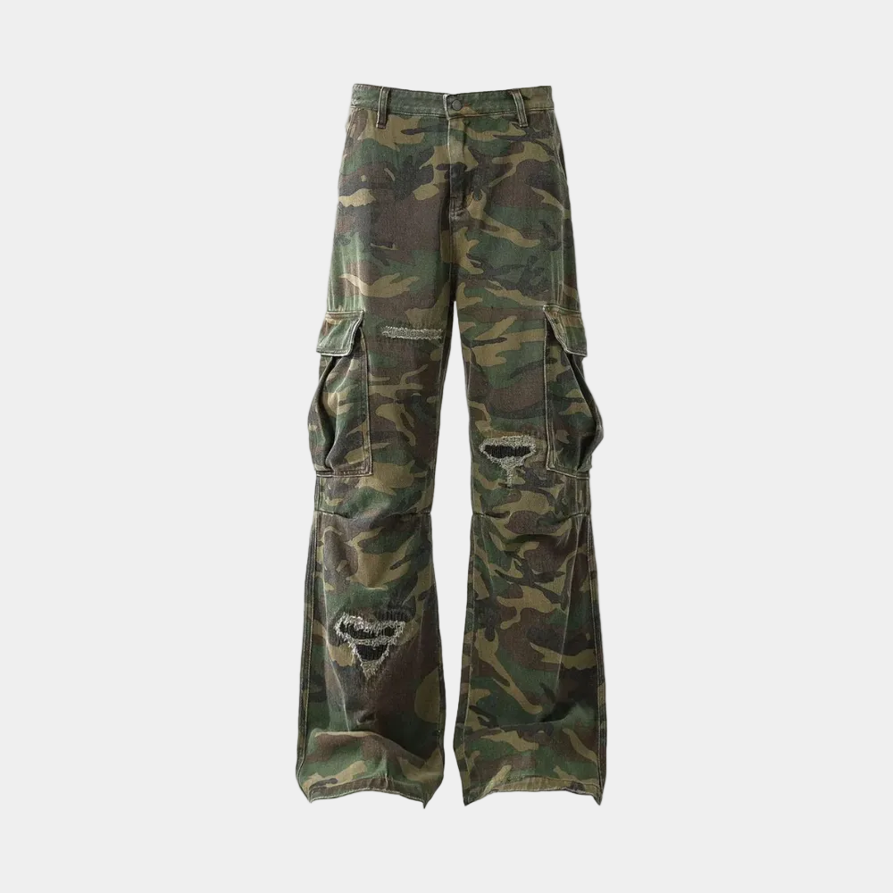 PANTS "WOVEN RIPPED CAMOUFLAGE FLARED"